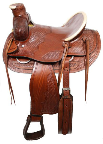 16 Semi acorn tooled Buffalo roper style saddle with rawhide silver laced  cantle.