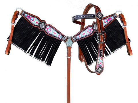#14203: Showman Sunflower Tooled Leather Browband Headstall and Breastcollar Set