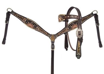 Showman One Ear Headstall, Breast Collar, Reins Set with Brindle Hair on Cowhide Inlay and Iridescen