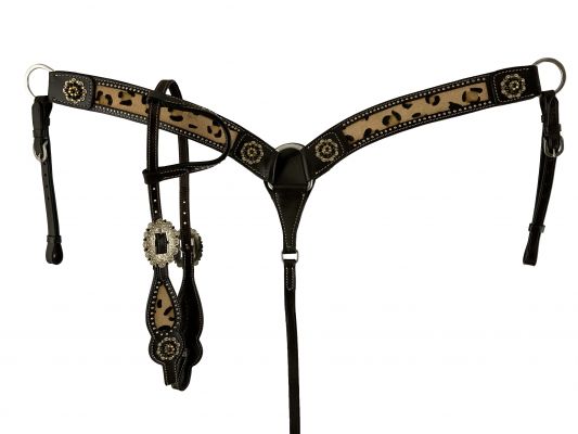 Showman One Ear Headstall, Breast Collar, Reins Set with Brindle Hair on Cowhide Inlay and Iridescen