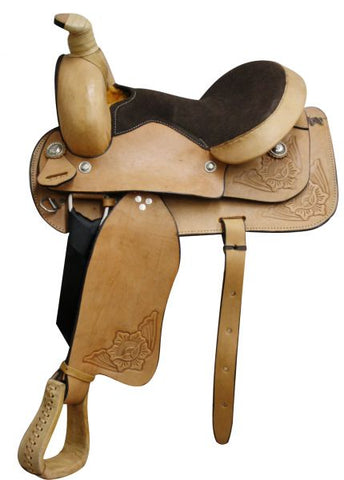 16 Basketweave tooled Buffalo roper style highback hardseat saddle.