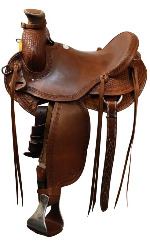 16 Basketweave tooled Buffalo roper style highback hardseat saddle.