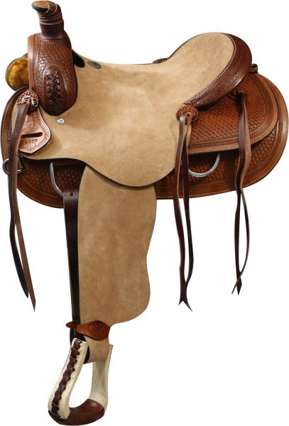 16 Basketweave tooled Buffalo roper style highback hardseat saddle.