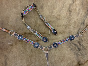 #14412: Showman Cowhide Inlay Browband Headstall and Breast Collar Set with Beads and Bling Conch