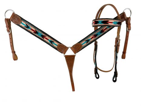 #14412: Showman Cowhide Inlay Browband Headstall and Breast Collar Set with Beads and Bling Conch