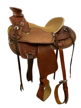 16 Basketweave tooled Buffalo roper style highback hardseat saddle.