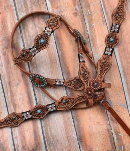 Showman ® Brown & White Checker Print One Ear Headstall and Breas 