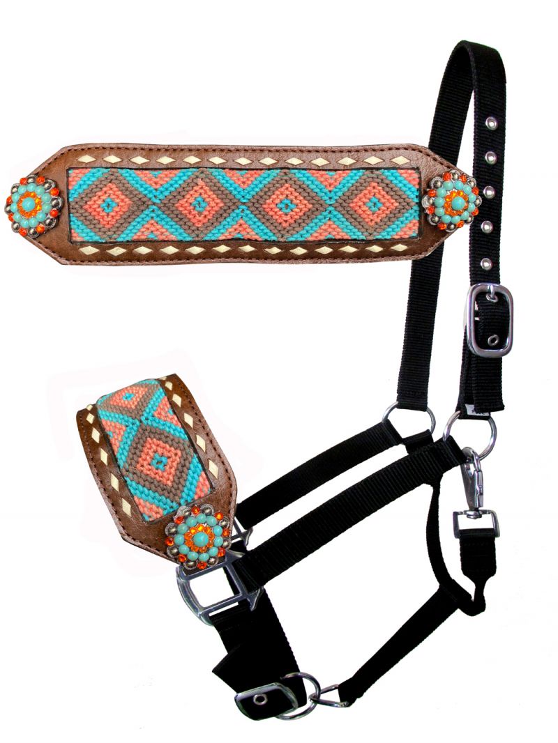 Western PONY Horse Bronc Halter Black Nylon Tooled Leather Nose w/Silver  Conchos