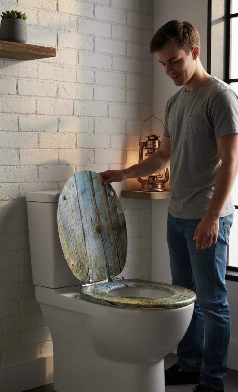 Homme tenant un abattant WC ouvert au motif bois dans une salle de bain