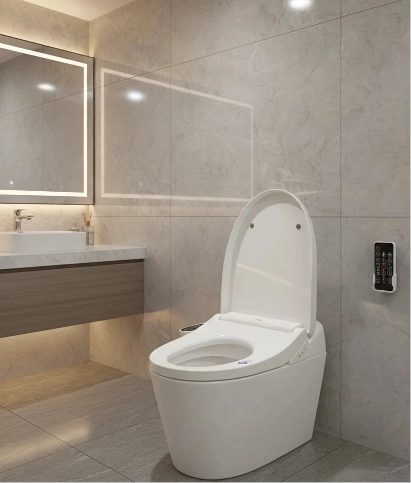 Siège bidet électronique premium avec télécommande dans une salle de bain moderne.