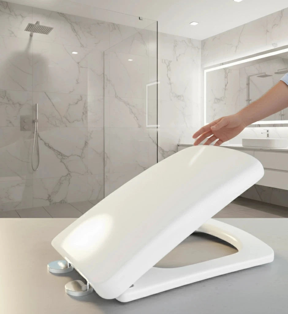 Abattant WC carré posé sur meuble dans salle de bain lumineuse et luxueux