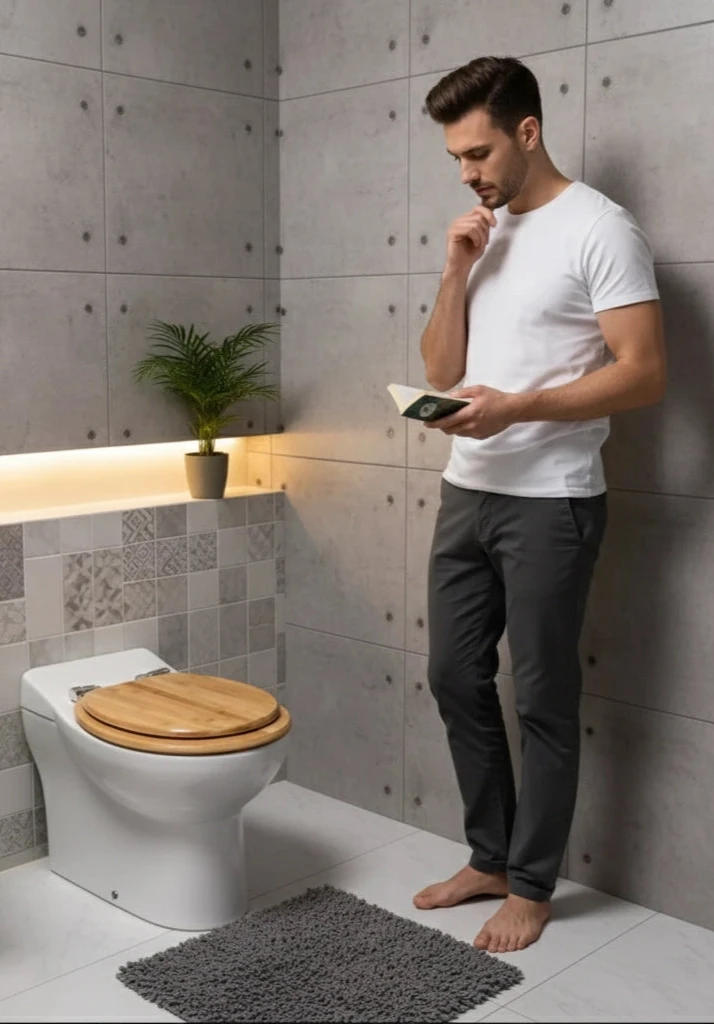 Homme debout à côté d'un abattant WC bambou dans une salle de bain