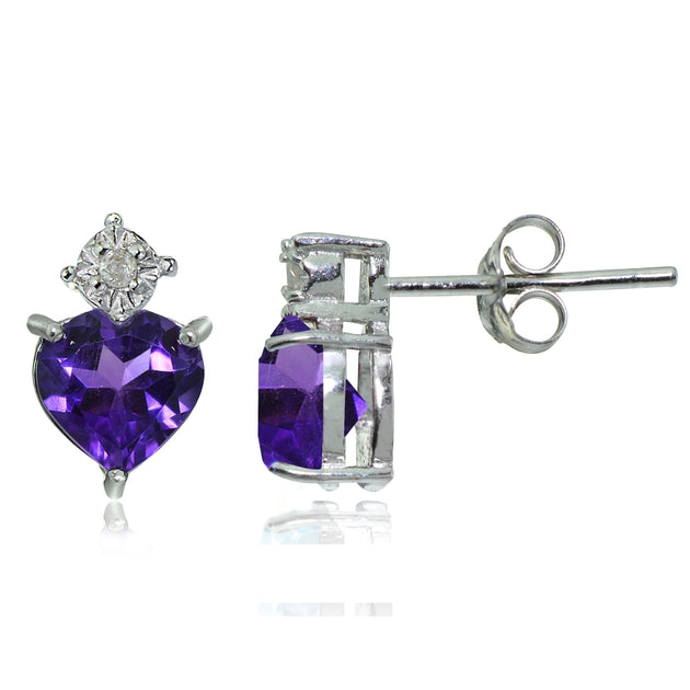 Sterling Silver African Amethyst and Diamond Accent Heart Drop Stud Ea ...