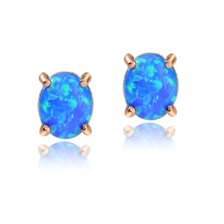 Rose Gold Tone over Sterling Silver Created Blue Opal 6x4 Oval Stud Ea ...