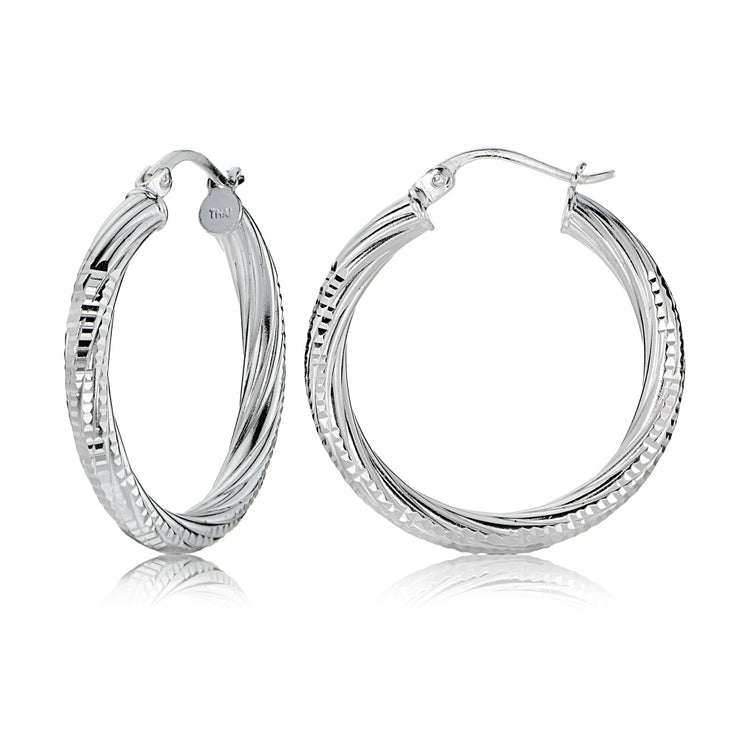 Sterling Silver 3mm Textured Twist Round Hoop Earrings, 25mm – SilverSpeck