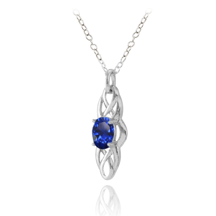 Sterling Silver Created Blue Sapphire Celtic Knot Oval Drop Necklace ...