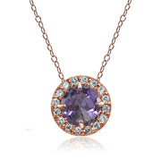 Rose Gold Flashed Sterling Silver Created Alexandrite and Cubic Zirconia Accents Round Halo Necklace