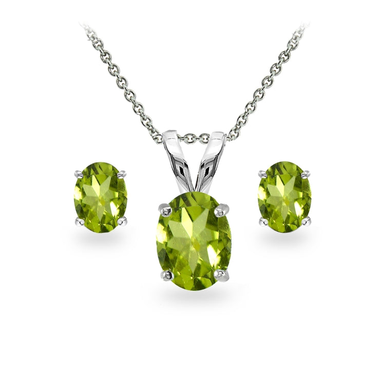 Sterling Silver Peridot Oval-cut Solitaire Necklace and Stud Earrings ...