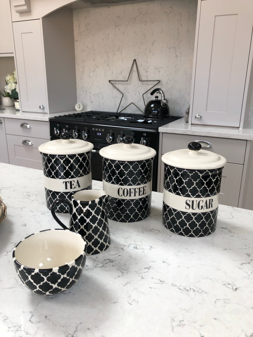 white and black tea coffee sugar canisters