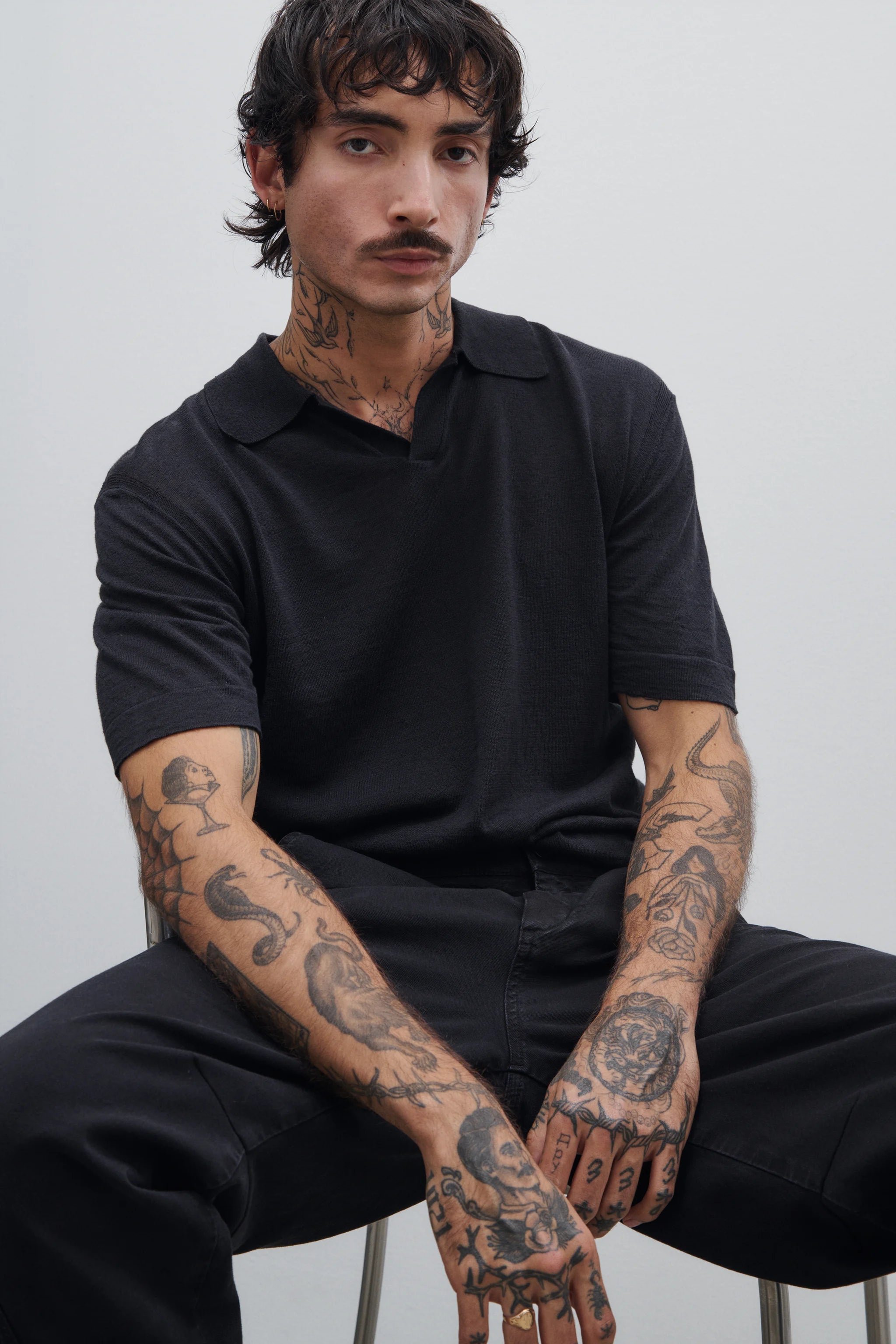 CLOSED MENS LINEN BLEND POLO SHIRT - BLACK