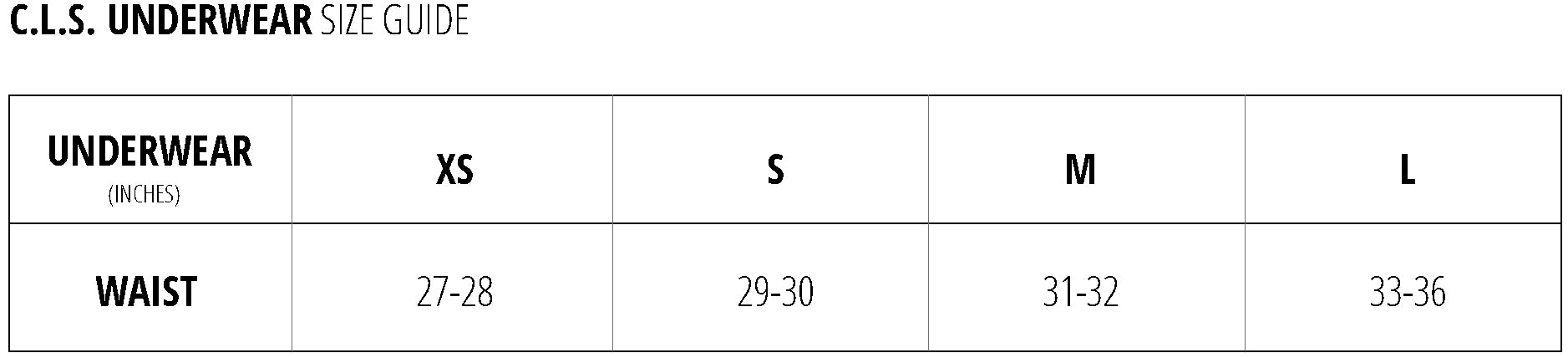 C.L.S. Size Chart 