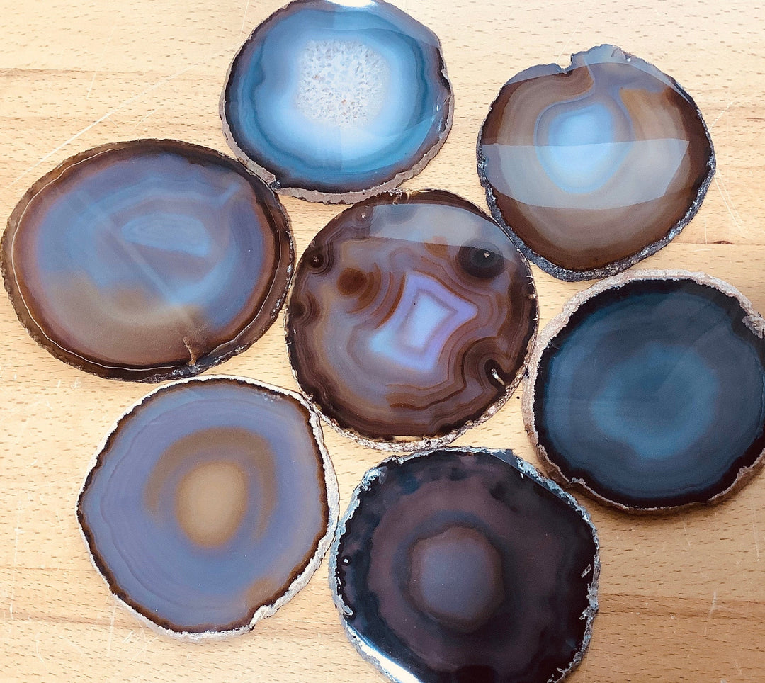Agate Slice ( 4.5 - 5 Inches Long ) Size # 5 Grade A Round - Natural Crystal Slab - Polished Sliced Agates Escort Place Card Coaster