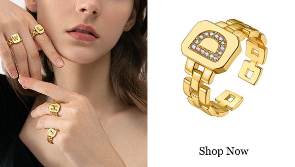 18K Gold Plated Open Design Adjustable Watchband Chain CZ Initial Ring