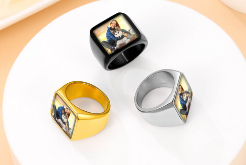 Custom Engraved Photo Ring for Men Square Ring with Photo