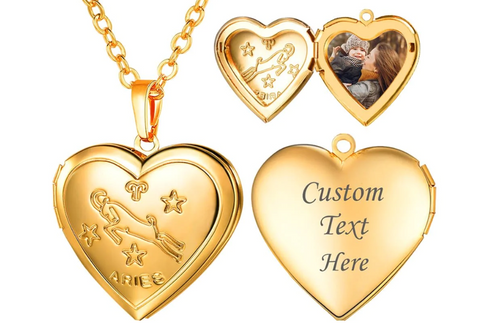 Engraved Zodiac Sign Heart Locket Necklace with Photo