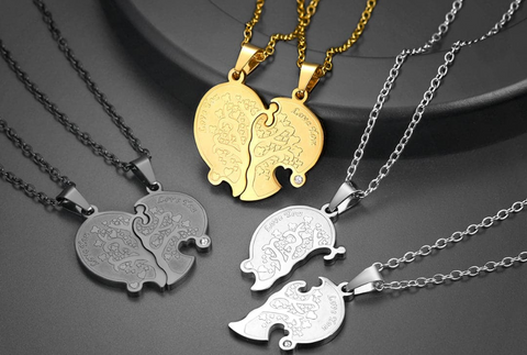 Personalized Engraved Family Tree of Life Puzzle Piece Couple Necklace