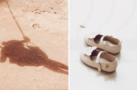 A collage of two photos indicating memories of childhood. The image on the left is a shadow of a little girl swinging captured on the ground. The image on the right is a pair of baby shoes.