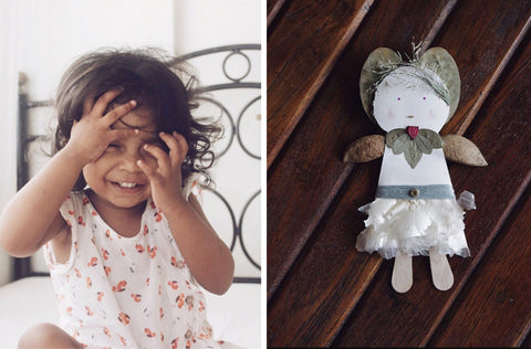 A collage of two images showing memories of childhood. The image on the left is of a little baby girl smiling and enjoying the breeze bringing her hair all over her face. The image on the right is an artwork of a girl made by a child using paper, ice cream sticks, leaves, twigs, onion peels. 