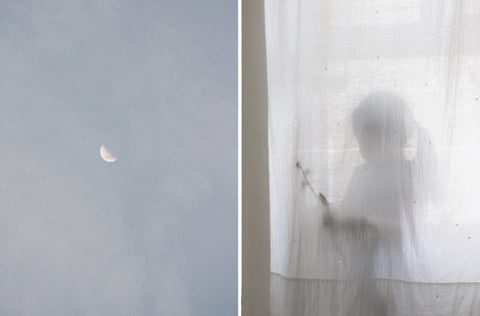 A collage of two photos showing memories of childhood. The left image is of a crescent moon in the sky. The image on right is of a little girl standing behind a white sheer curtain holding and observing some leaves in her hand. 