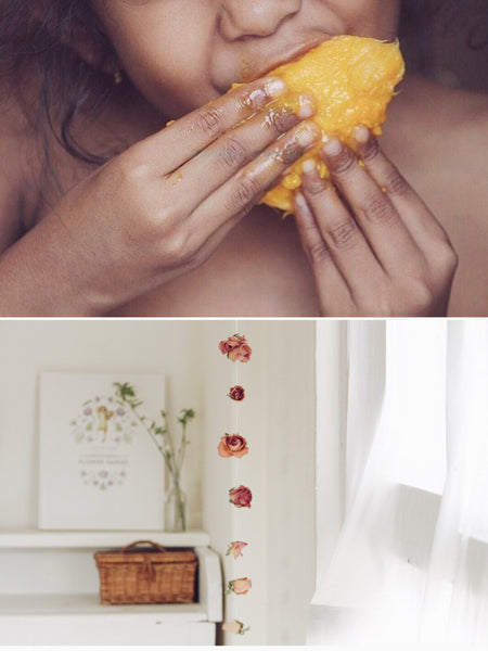 A collage of two images part of a photo story on memories of childhood by photographer Nirmala Mayur Patil. The image on top is a close up of a child relishing eating mango. The bottom image is of a single string hanging made of flowers with a shelf and wall in the background. 