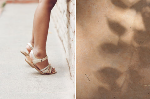 A collage of two images part of a photo story on memories of childhood by photographer Nirmala Mayur Patil. The image on left is of a little child's feet tiptoeing. The image on right is of shadow of leaves on a ground. 