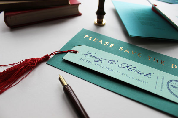 Emerald green and mint save the date invitation bookmarks with red tassell