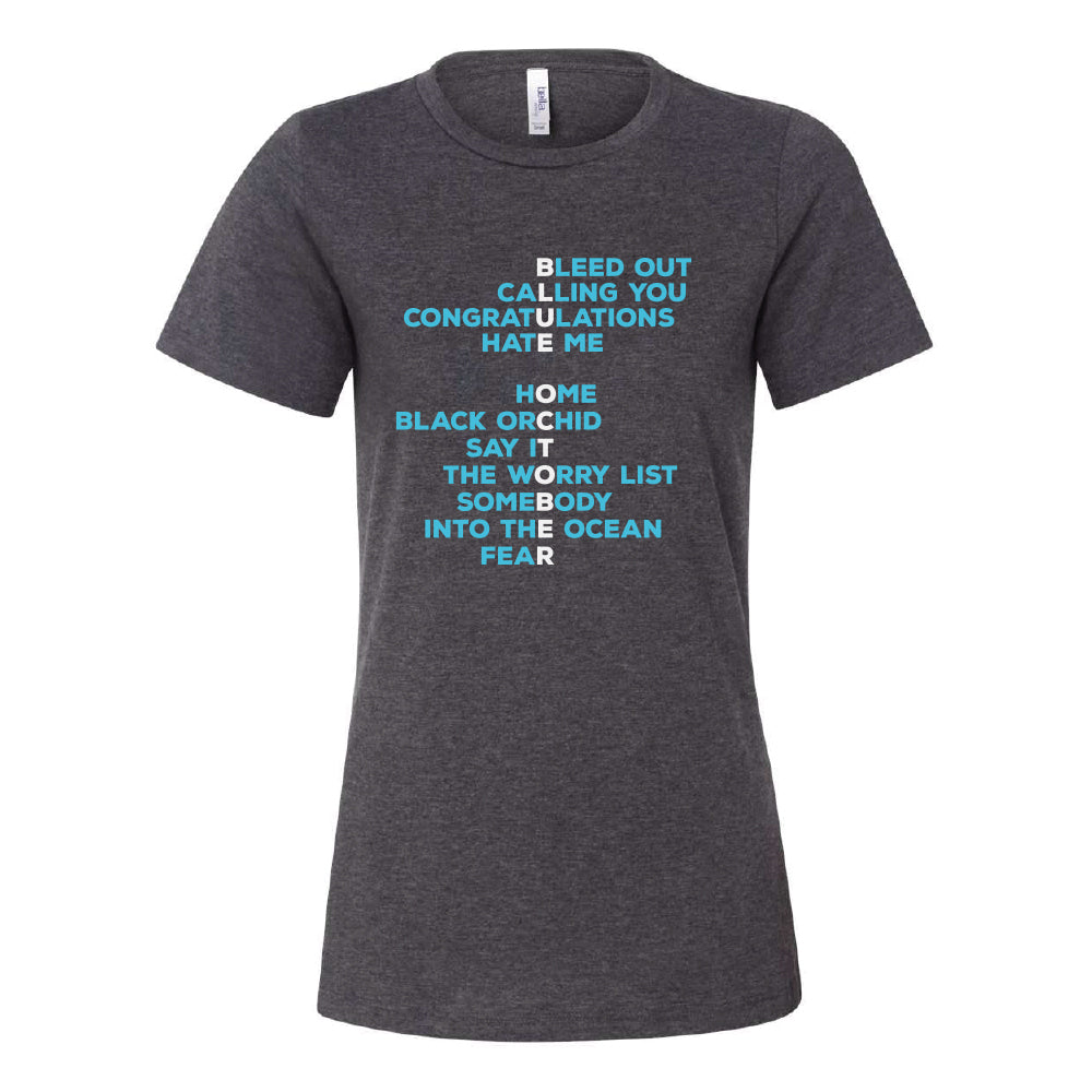 Blue October Song Titles Ladies Tee Charcoal Bandwear