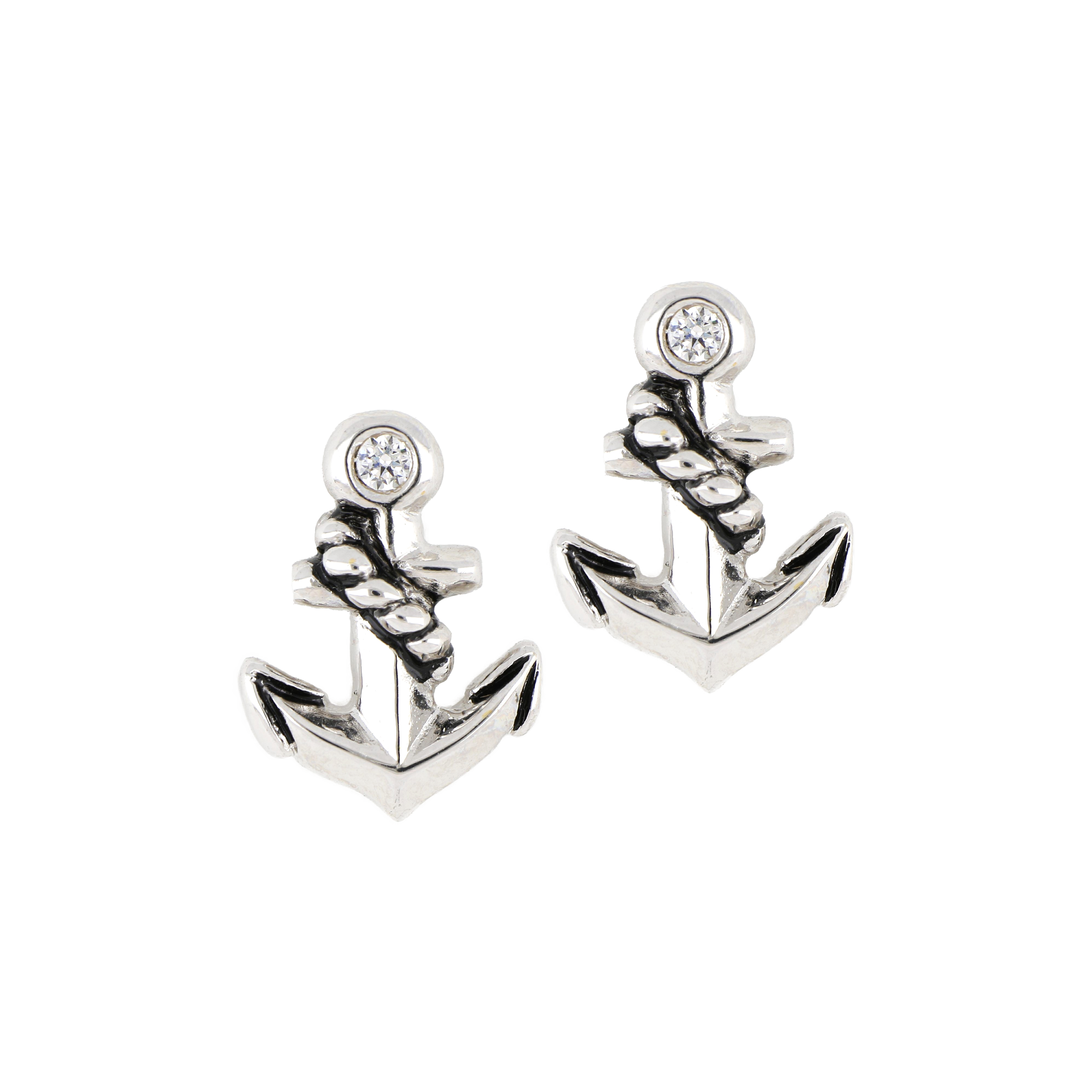 Ocean Images Anchor Tiny Stud Earring with CZ in Rhodium