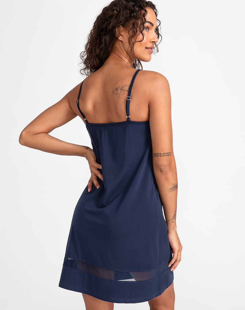 Model Jessica wearing BlissWear Chemise in size Small and color Navy, seen from the Back