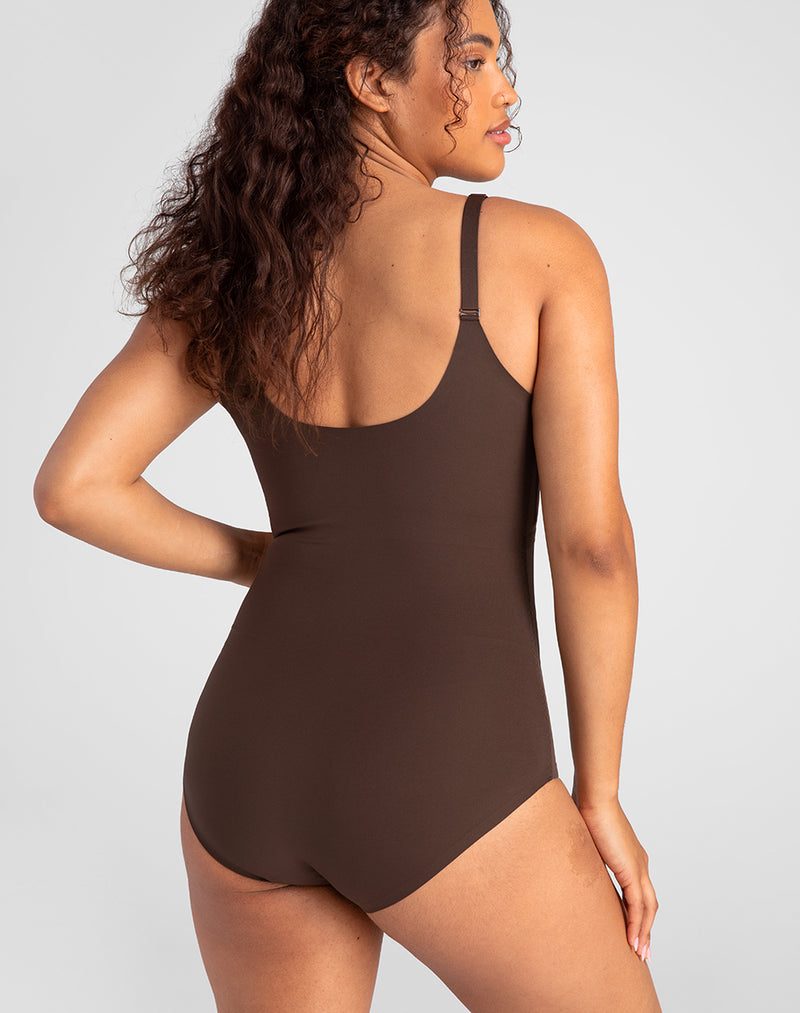 Model Mei wearing Cami Bodysuit in size Medium and color Espresso, seen from the Back