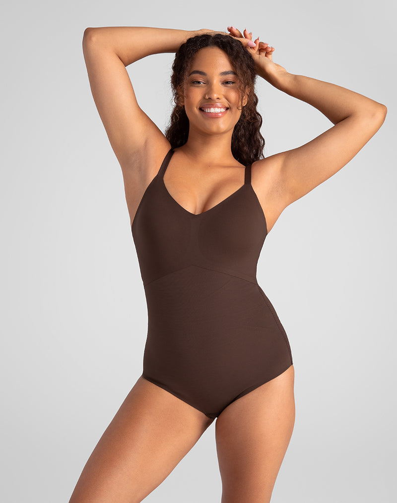 Model Mei wearing Cami Bodysuit in size Medium and color Espresso, seen from the Front