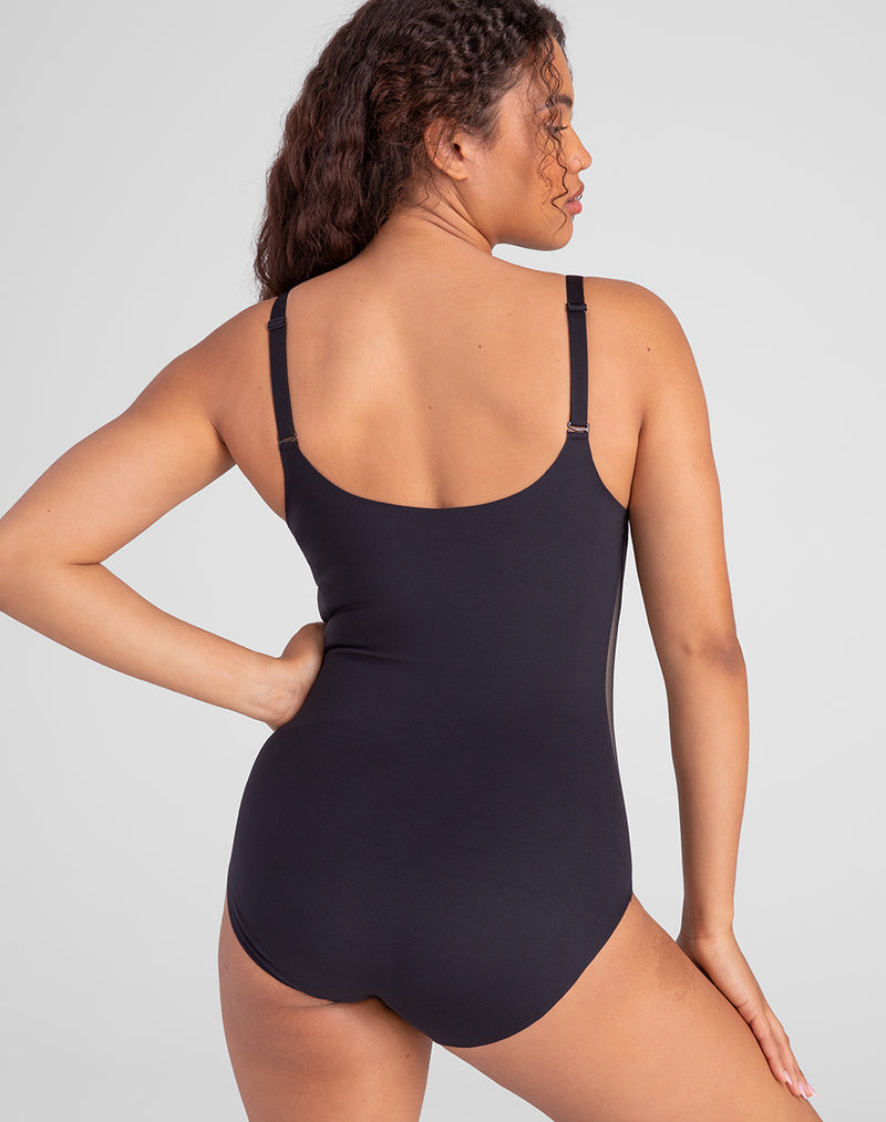 Model Mei wearing CrossOver Cami Bodysuit in size Medium and color Runway, seen from the Back