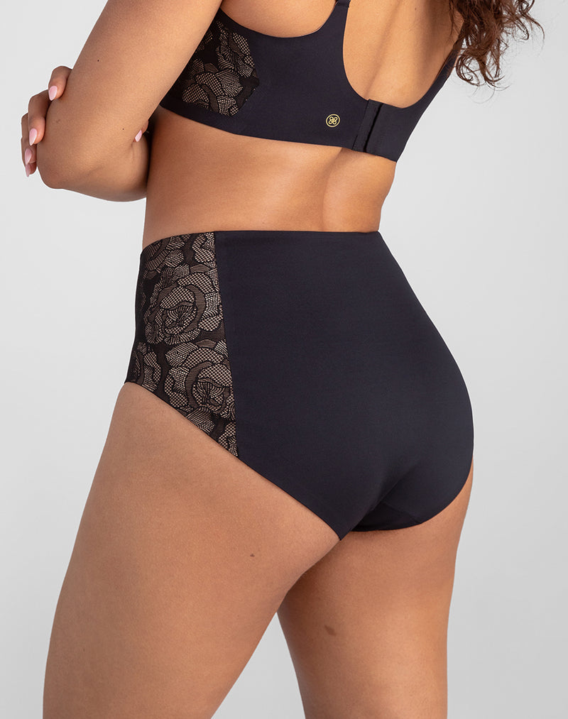 Model Mei wearing Lace CrossOver Brief in size Medium and color Runway, seen from the Back