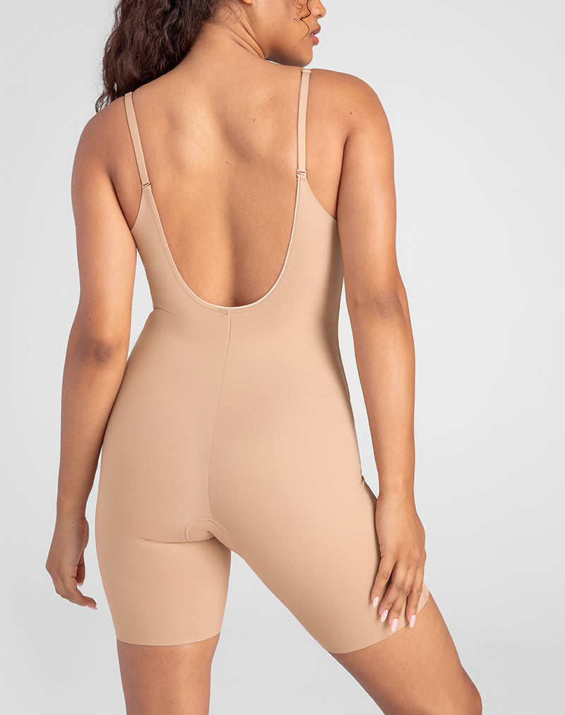 Model Mei wearing Low-Back Bodysuit in size Medium and color Sand, seen from the Back