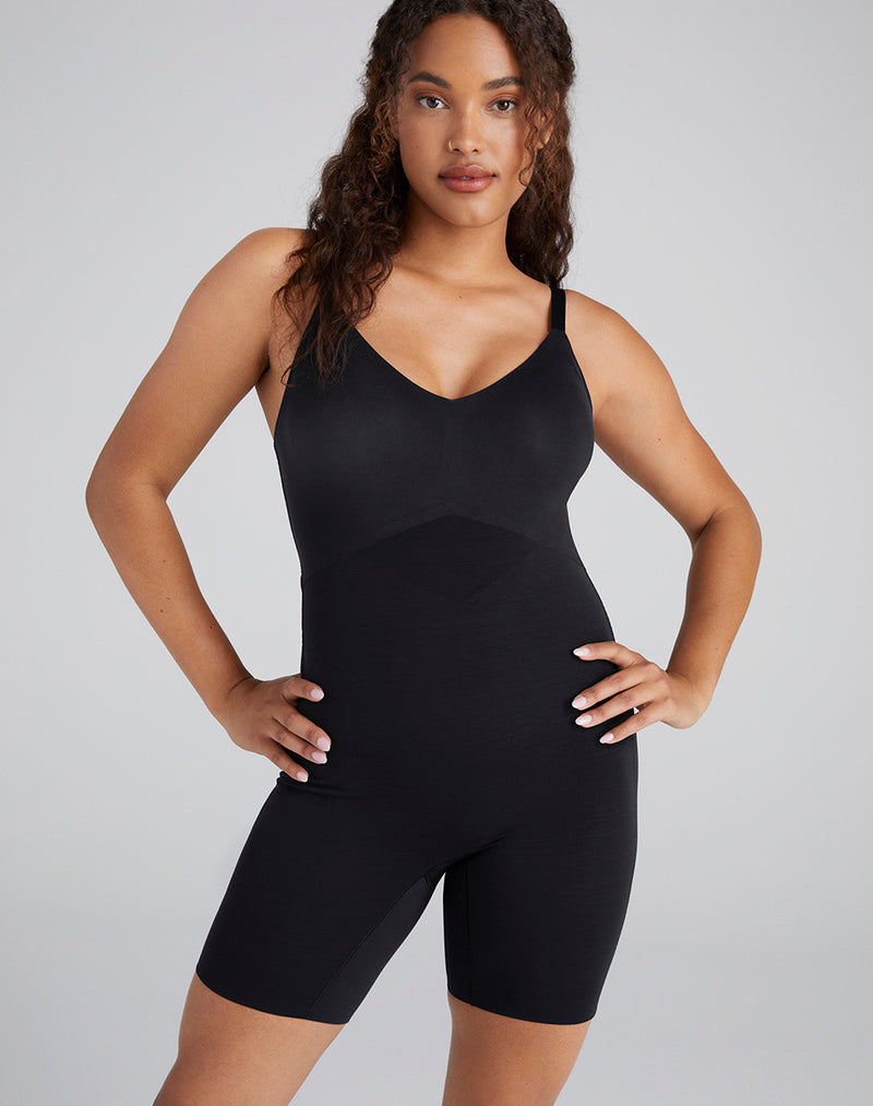 Model Mei wearing Mid-Thigh Bodysuit in size Medium and color Vamp, seen from the Front