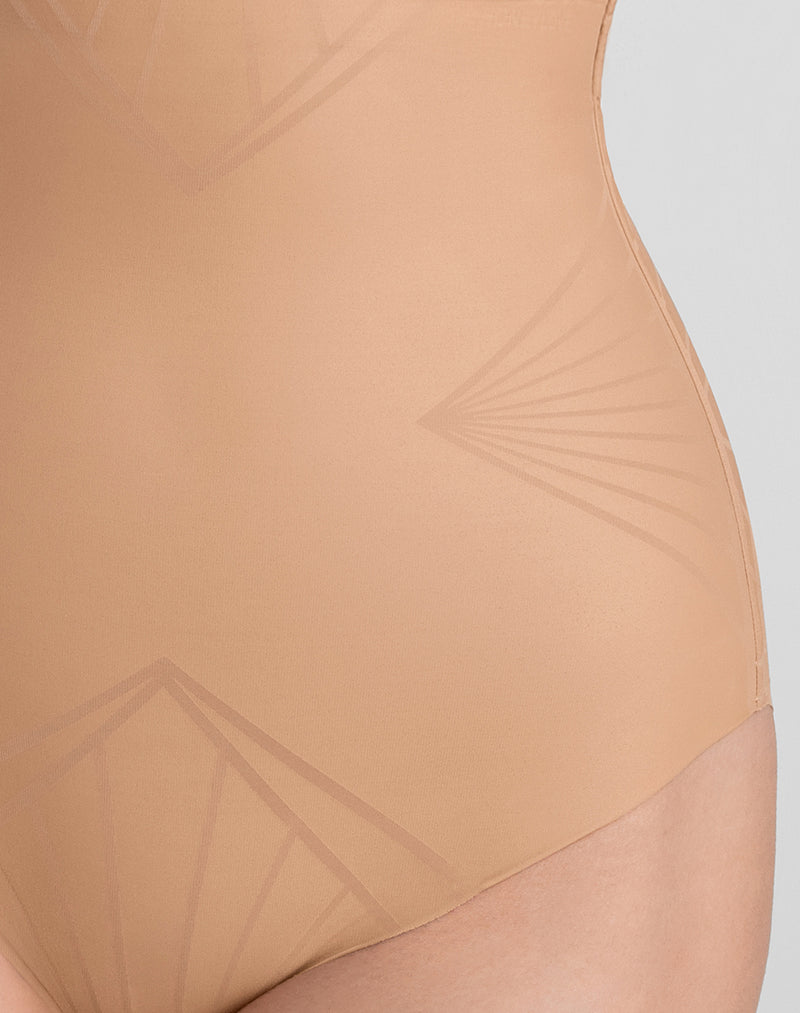 Detail of model wearing ShadowSculpt High-Waist Brief in color Sand