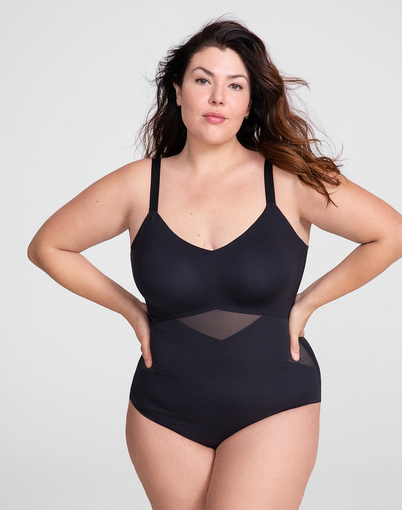 Model Natalie wearing Cami Bodysuit in size Plus size one and color Runway, seen from the Front