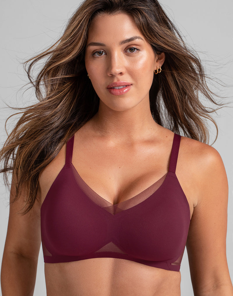 Model Nicki wearing CrossOver Bra in size Medium and color Fig, seen from the Front