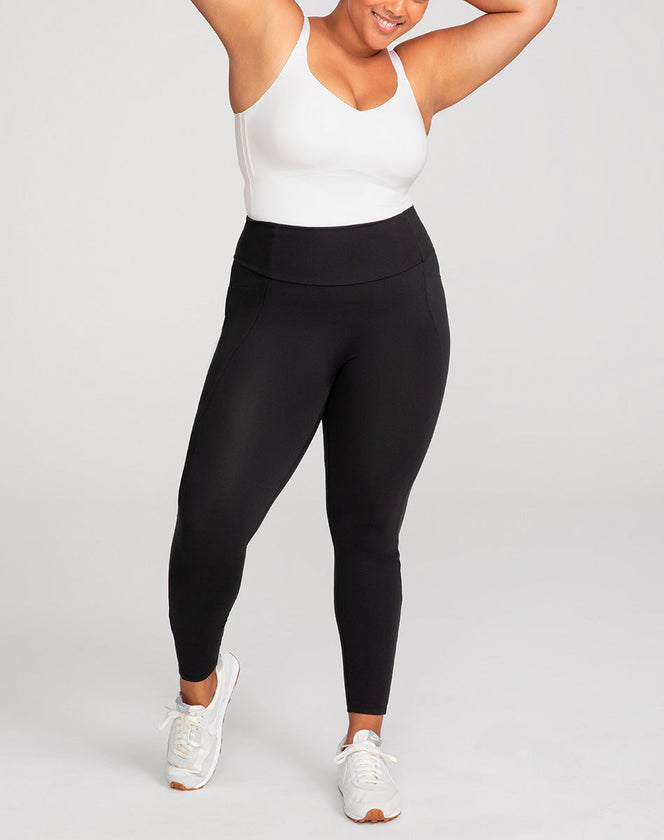 Model Larissa wearing legging-two in size Extra Large and color Jet Black, seen from the Front