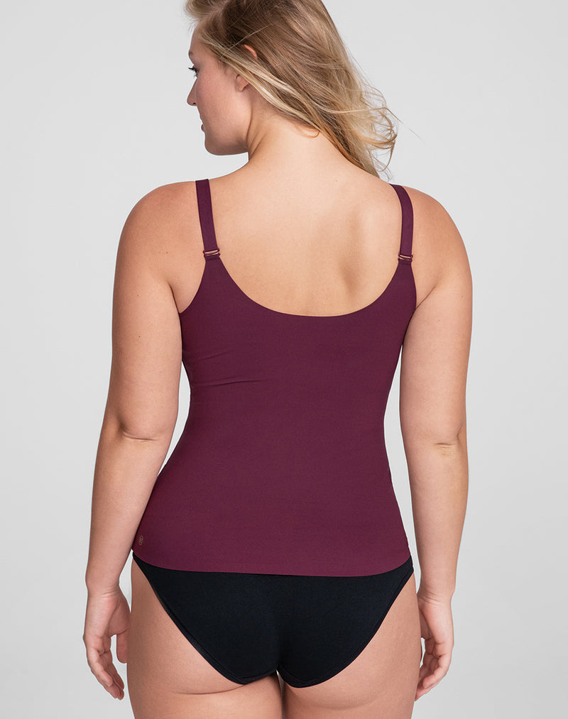 Model McCallah wearing LiftWear Cami in size Large and color Fig, seen from the Back